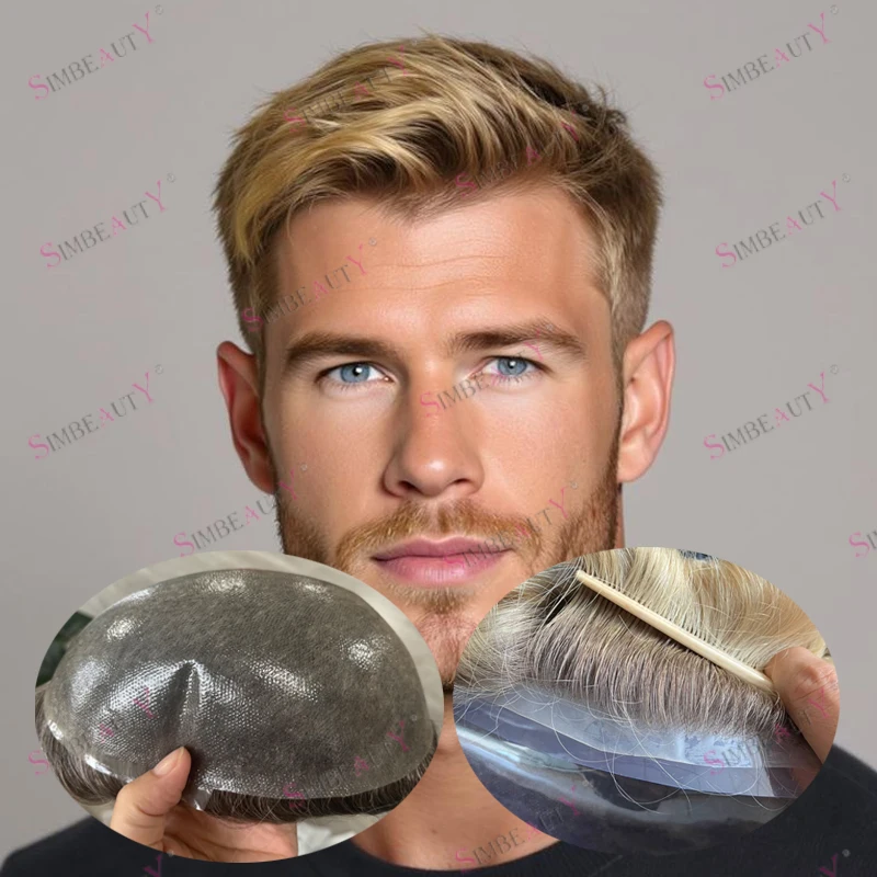 

Comfortable Ombre #4T613 Honey Blonde Man's Human Hair Wigs Undetectable 0.06mm Full Skin Base Single Knots Durable Men Toupee