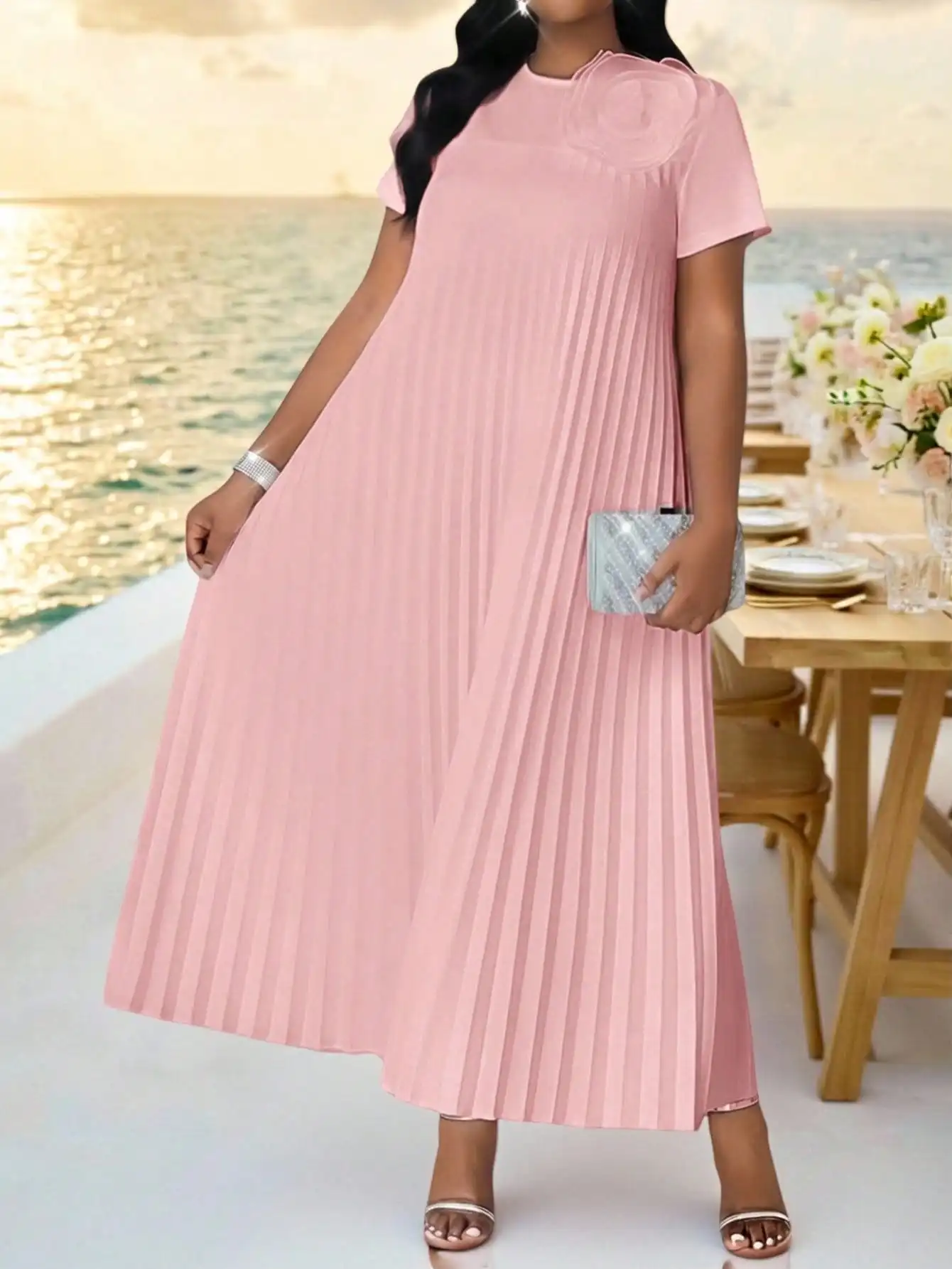 

Soft Pink Plus Size Pleated Maxi Dress With 3D Flower Embellishment, Short Sleeve Round Neck Loose Fit For Beach Vacation Party