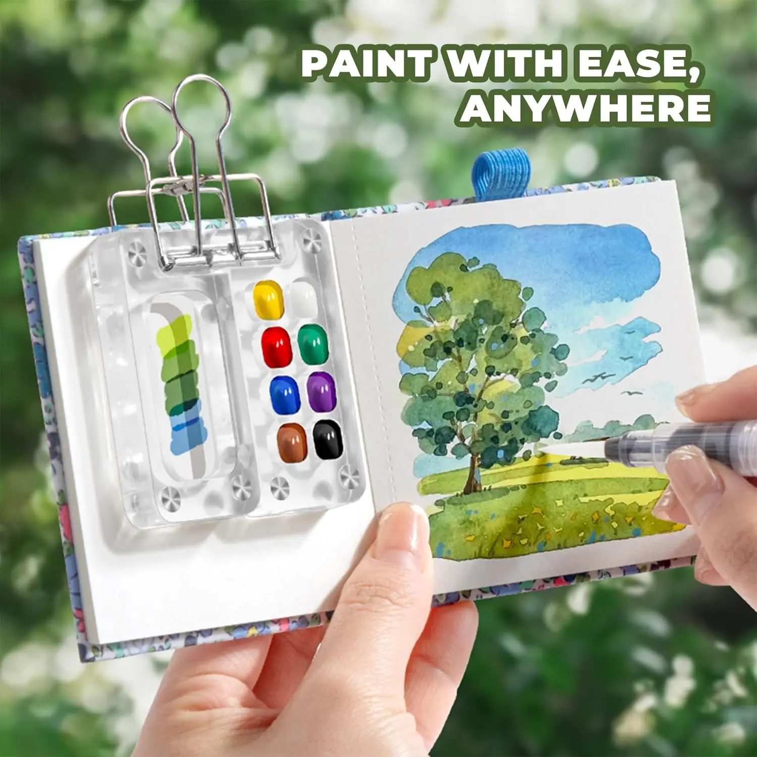 12 Farben Aquarell-Pigmente Malset mit 15-Fächer/8-Fächer tragbarer Aquarellpalette, Mischpalette mit Clip und Pinseln – Detail 2