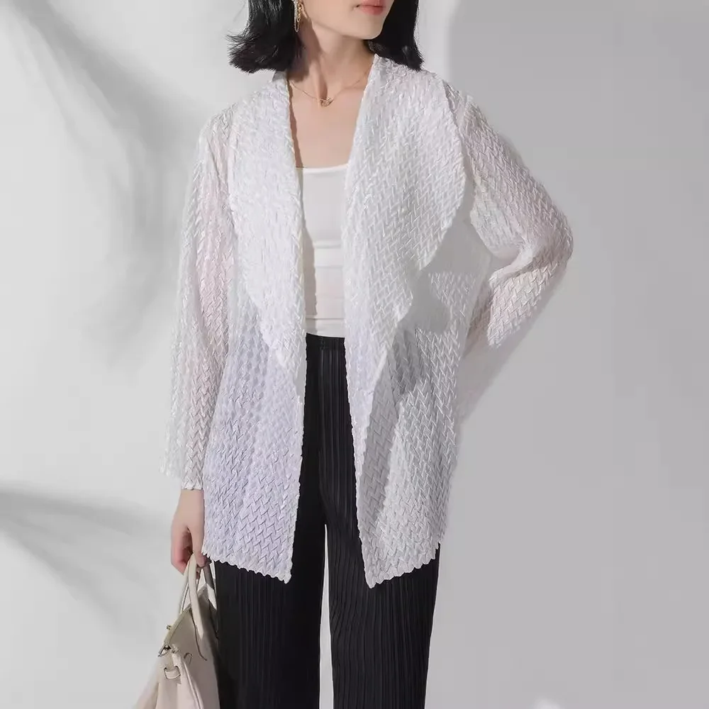 Miyake Pleated Large Lapel Solid Color High-end Cardigan Jacket Women's Casual Versatile Long-sleeved Fashion Loose Top