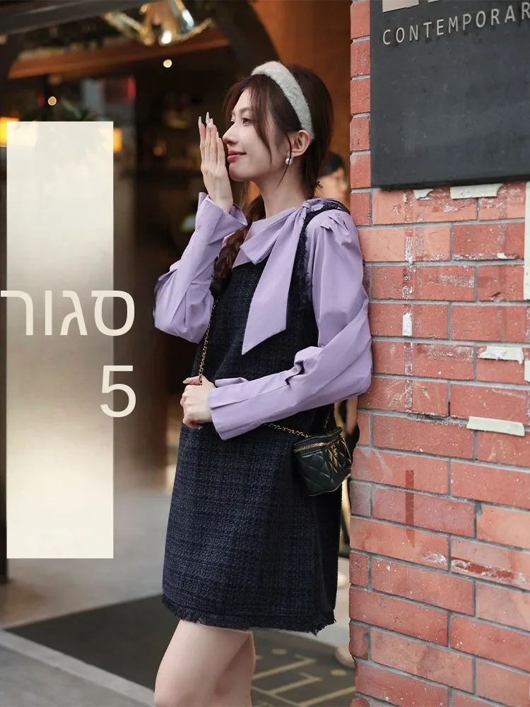 

Purple Long Sleeve Fashion Set Small Fragrance Style Yang Pao Pao Closure Store Knot Shirt Vest Skirt Two-Piece Set