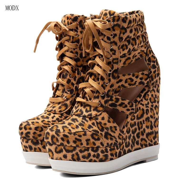 Summer Side Cut-out Leopard Short Boots Woman Wedge Heel Platform Lace Up Ankle Boots Gladiator High Top Sneaker Bottines 47