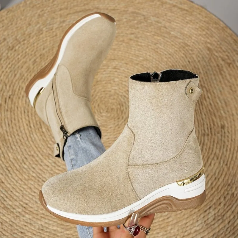 Women's Ankle Boots Round Toe Wedge Heel Suede-Look Texture Side Zipper Metallic-Look Trim Casual Footwear Stable Design Choice