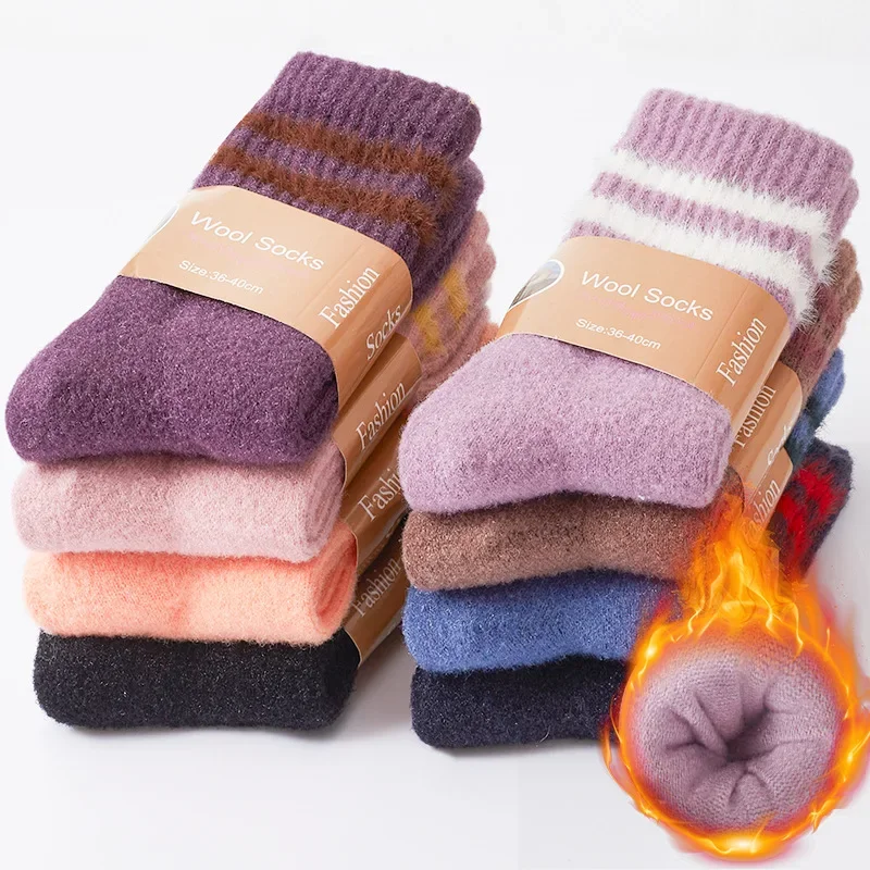 1 Pair Winter Warm Thickened Fuzzy Women Socks Thick Solid Color Sock Cotton Warm Fluffy Home Floor Hosiery Students Striped Sox