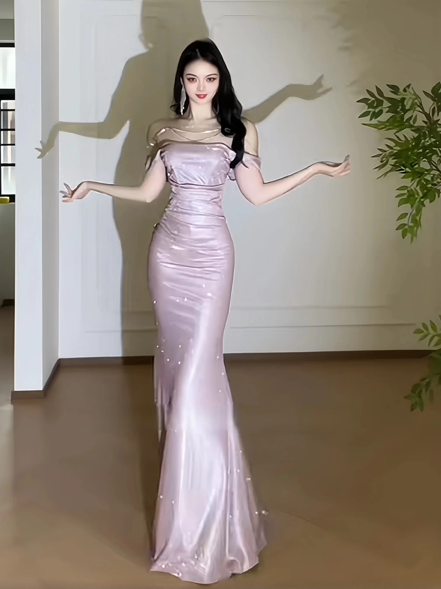 

Элегантное длинное вечернее платье женское, с завышенной талией, на одно плечо, облегающее, с юбкой-русалкой, из полиэстера, для дня рождения/вечеринки