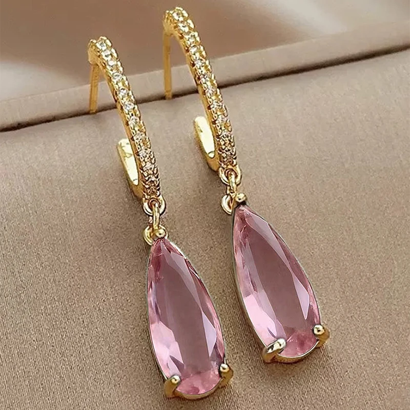 Huitan Birne Grün CZ Tropfen Ohrringe für Frauen Temperament Gold Farbe Ohr Hängen Ohrringe Büro dame Luxus Trendy Schmuck – Detail 6