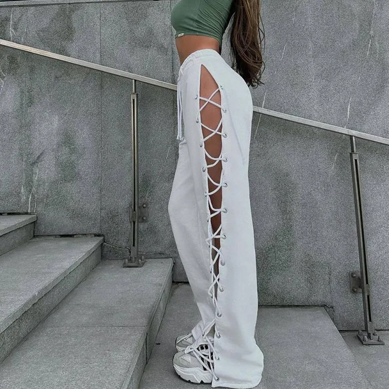 

Sexy Knitted Slit Hollow Sweatpants Women Solid Tie High Waist Loose Summer Trousers Side Split Strap Hollow Wide Leg Lady Pants