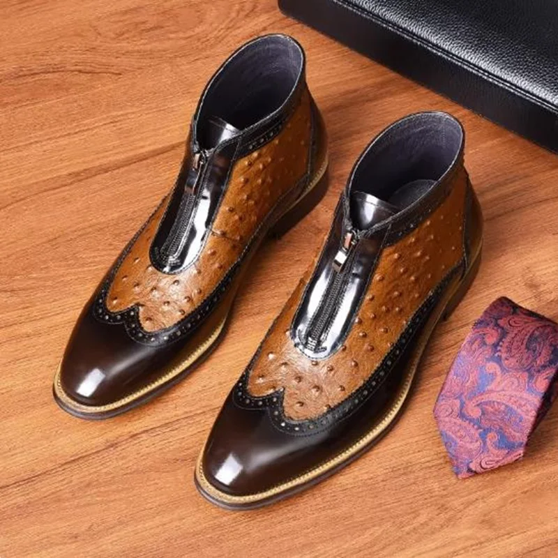 New Men's Chelsea Boots Men Ankle Boots Genuine Leather Ostrich Pattern Pointed Toe Dresss Boots British High-top Leather Shoes