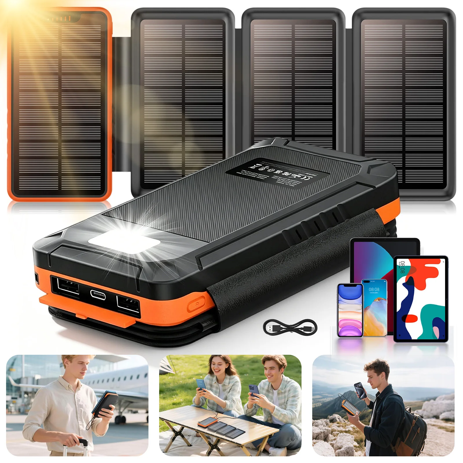 Cargador de teléfono móvil portátil con energía solar para exteriores de 16000 mAh, accesorio portátil para teléfono móvil con energía solar, fuente de alimentación externa para teléfono móvil para acampar, adecuado para actividades al aire libre.