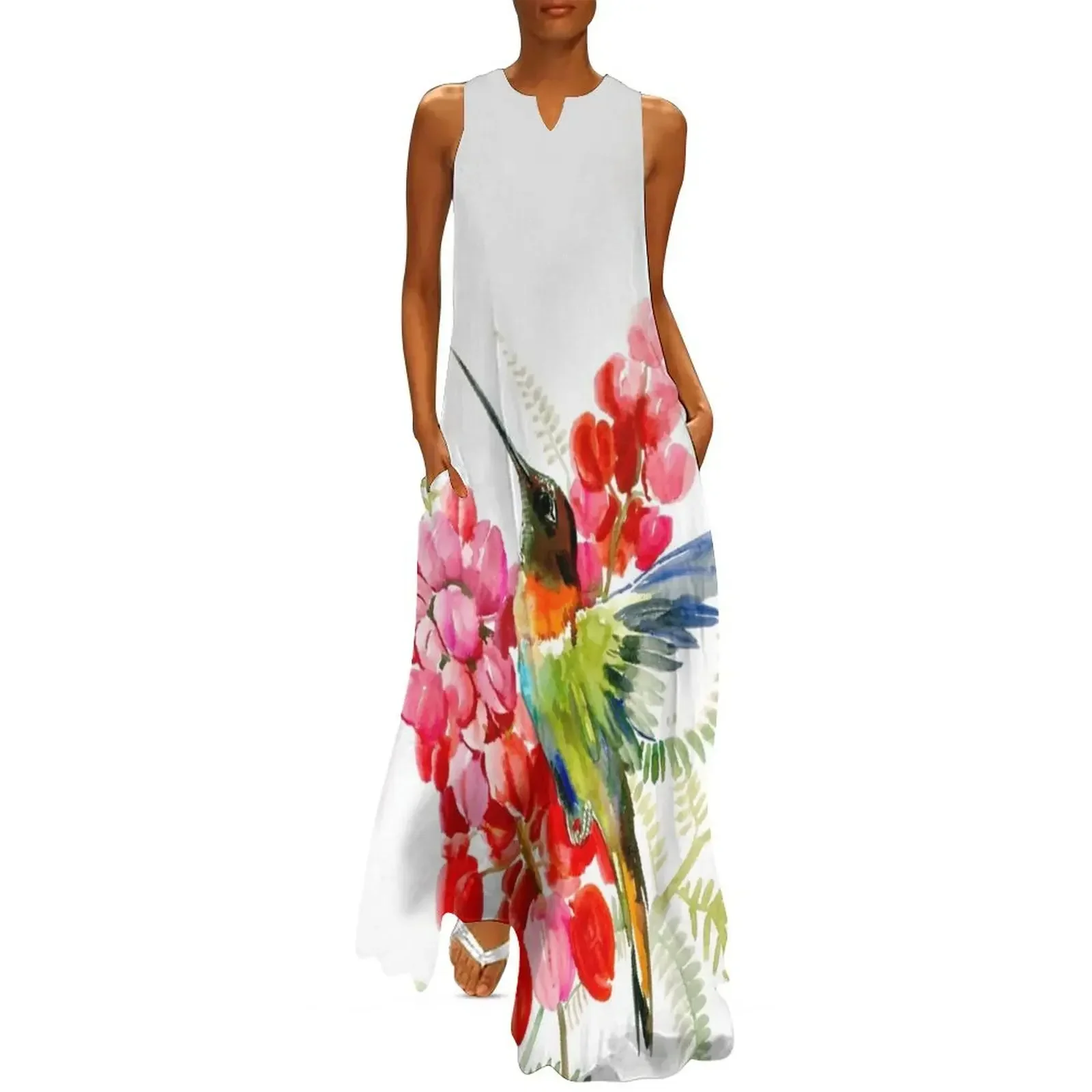 

Collared Inca Hummingbrid and Pink Red Flowers Long Dress dress for women birthday dresses for women party dresses woman Dress