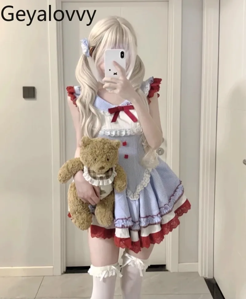 Słodka i Urocza Dziewczęca Sukienka na Szelkach z Wysokim Stanem w Niebieską Kratę, Krótka Sukienka z Kokardą, Koronkowym Kołnierzykiem Lalki, Nowa Letnia Bufiasta Sukienka dla Kobiet