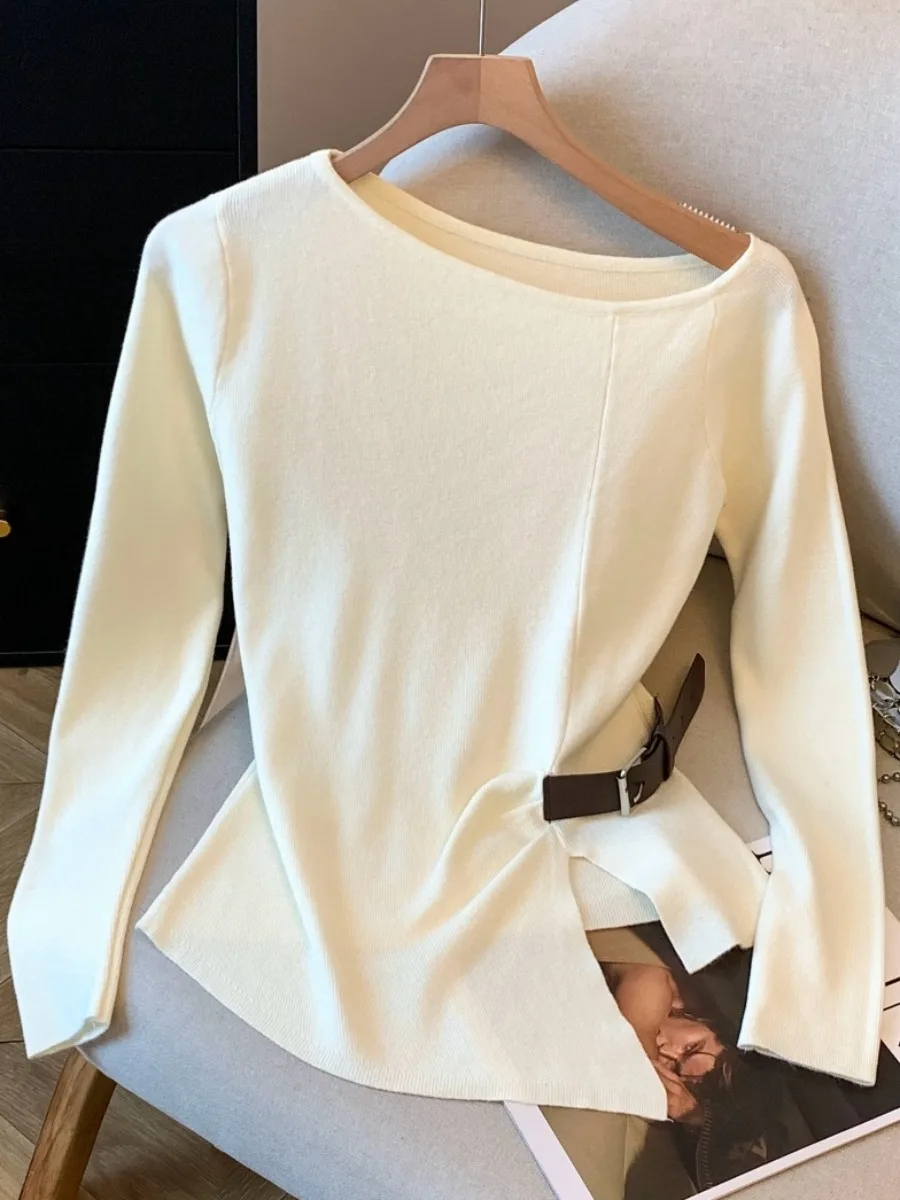 

Slim Fit Long Sve Knitted Sweater Women's Faion Autumn New Sle Asymmetrical Waist Cinching oulder Bared Neline
