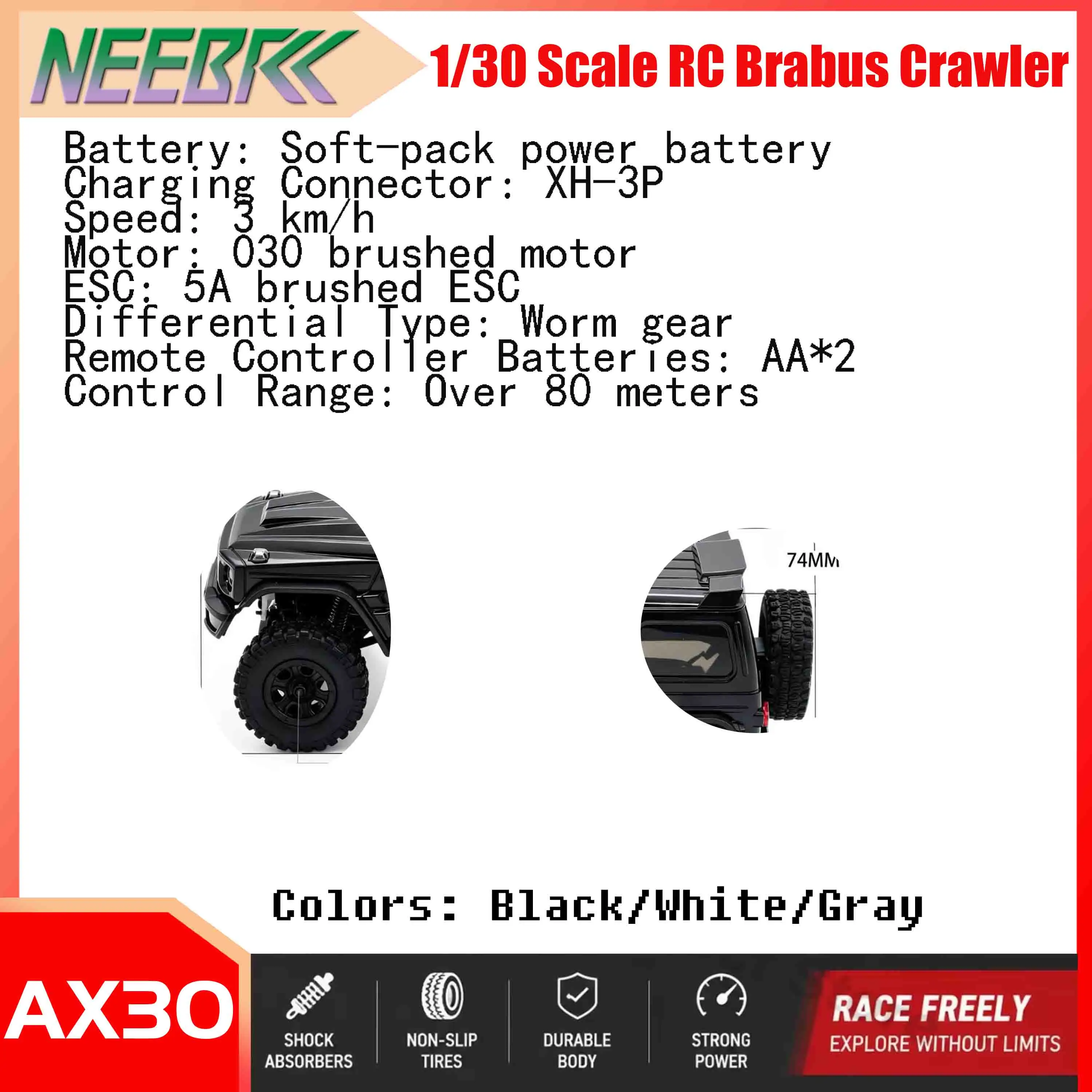 NEEBRC AX30 1/30 Scale Rock Crawler Four-wheel Drive Simulated Brabus Remote Control Off-road Climbing Car Model for Kid Adult