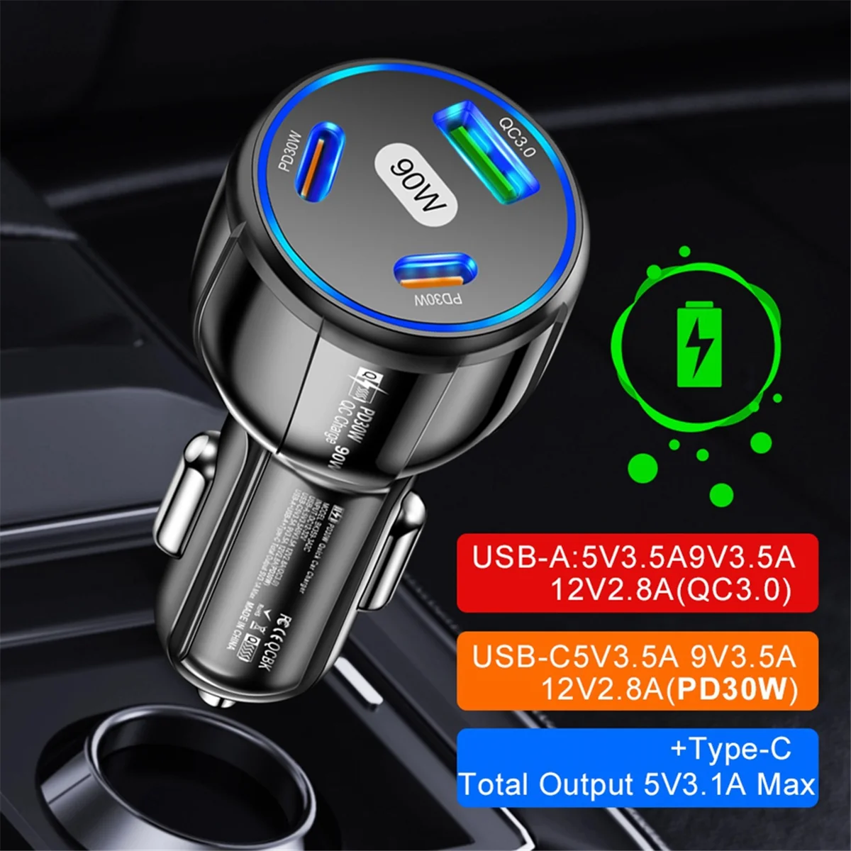 Cargador de coche USB tipo C de 90W, adaptador de corriente de carga rápida 3,0 para IPhone 14, 13, 12, Xiaomi 13, Samsung
