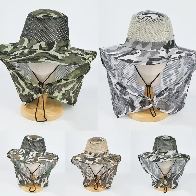 Hot！Outdoor Fishing Hat Wide Brim Man Breathable Mesh Fishing Cap Beach Hats Camouflage Sun UV Protection Shade Hat