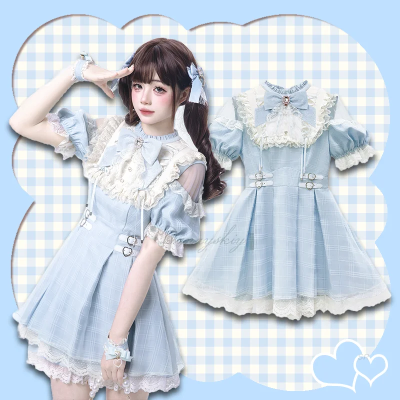 

New Sunmer Cosplay Sweet Style Lolita White Blue Plaid Skirt Japanese Subculture Elegant Dress Suit For Women Lolita Halloween