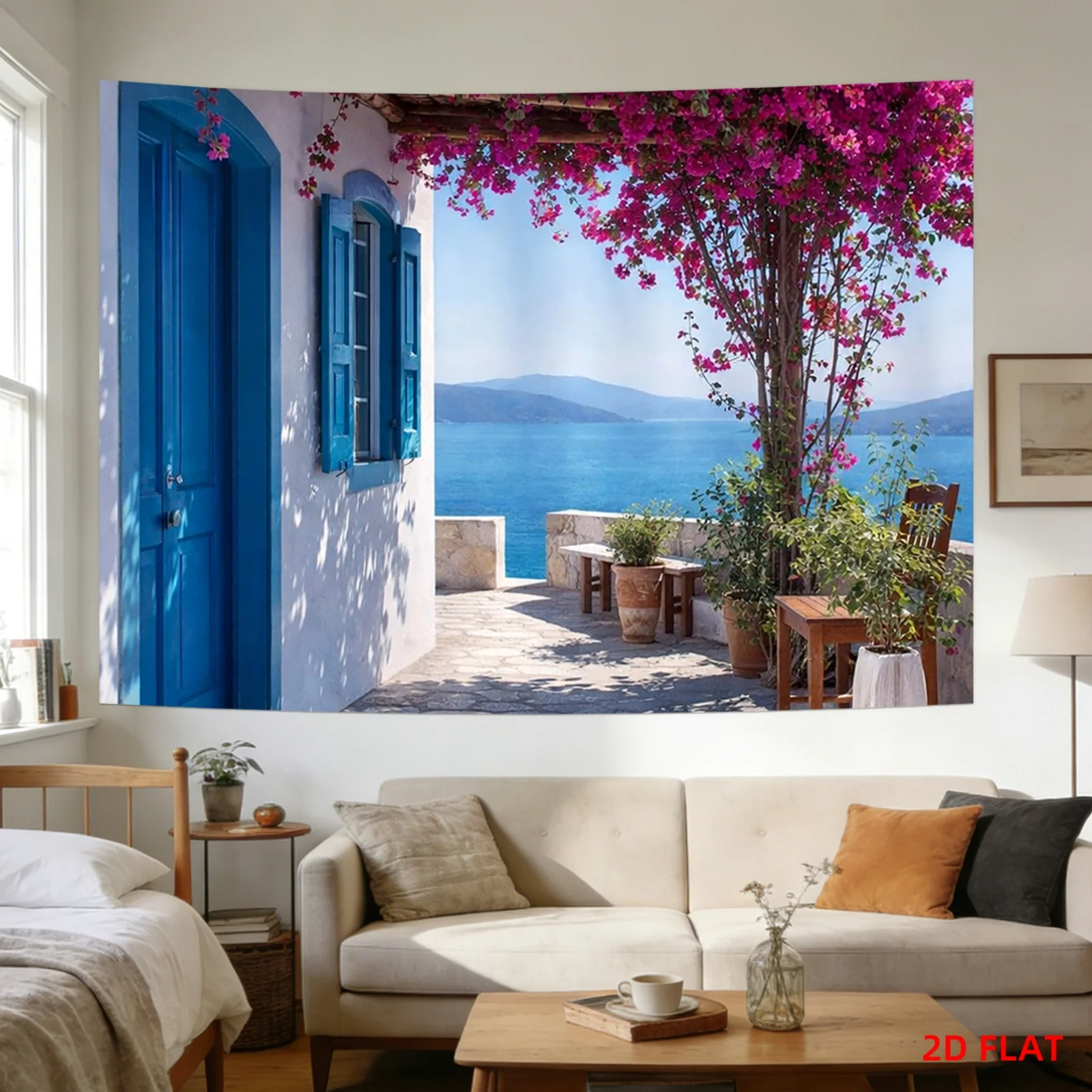 Mediterranean Patio Tapestry with Blue Door, Sea View and Pink Bougainvillea 180x280cm Wall Decor
