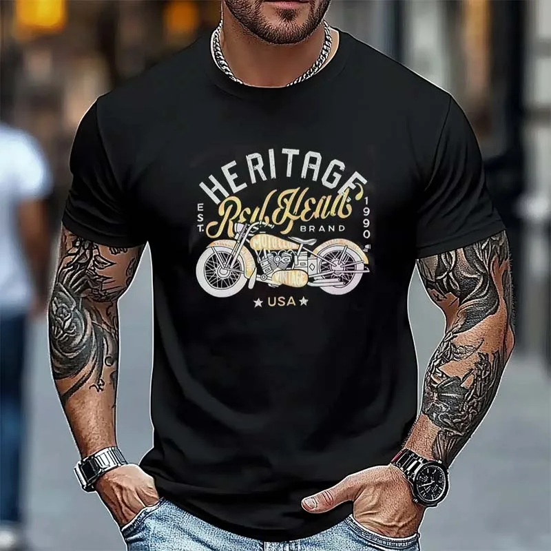 

Vintage 100% Cotton Short Sleeve T-shirt Men's Motorcycle Print Summer May Khaki Youth Half Sleeve Tops