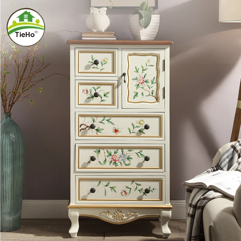 Living Room Painting Storage Cabinet With Drawer Vintage Colored Wood Bedside Table Multi-layer Storage Rack Home Furniture