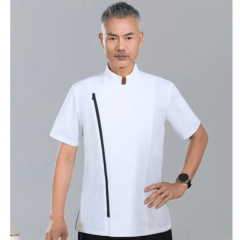 Side Zipper Chef Uniform Short Sleeved Men Women Embroidered Print LOGO Breathable Kitchen Cooking Restaurant Workwear Shirt