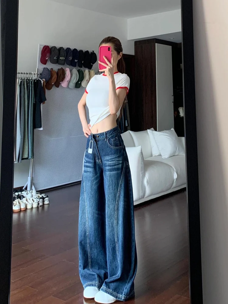 

Широкие джинсы свободного кроя прямого силуэта для женщин, модные весенние 2026, скрывающие недостатки фигуры, с высокой талией, повседневные джинсовые брюки