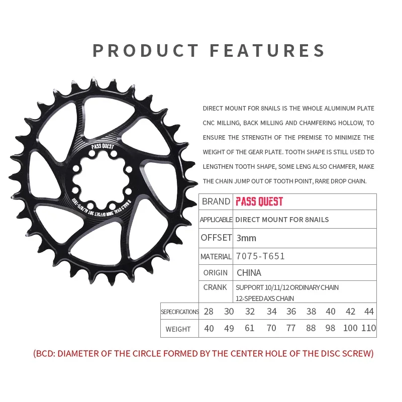 PASS QUEST 8-nails 3mm offset 28T-44T direct mount road mountain bike AXS oval narrow wide chainrings Bicycle Accessories