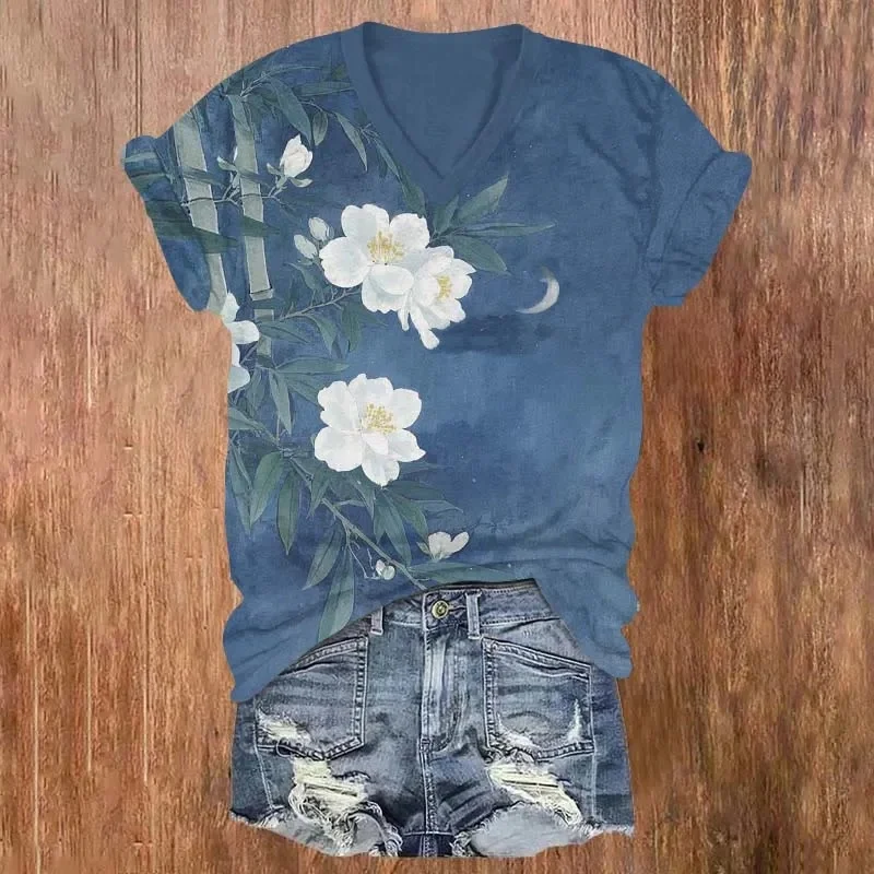 Oil Painting Camellia Blossom/Dandelion Art Print Causal T-shirt Summer Women's T Shirts