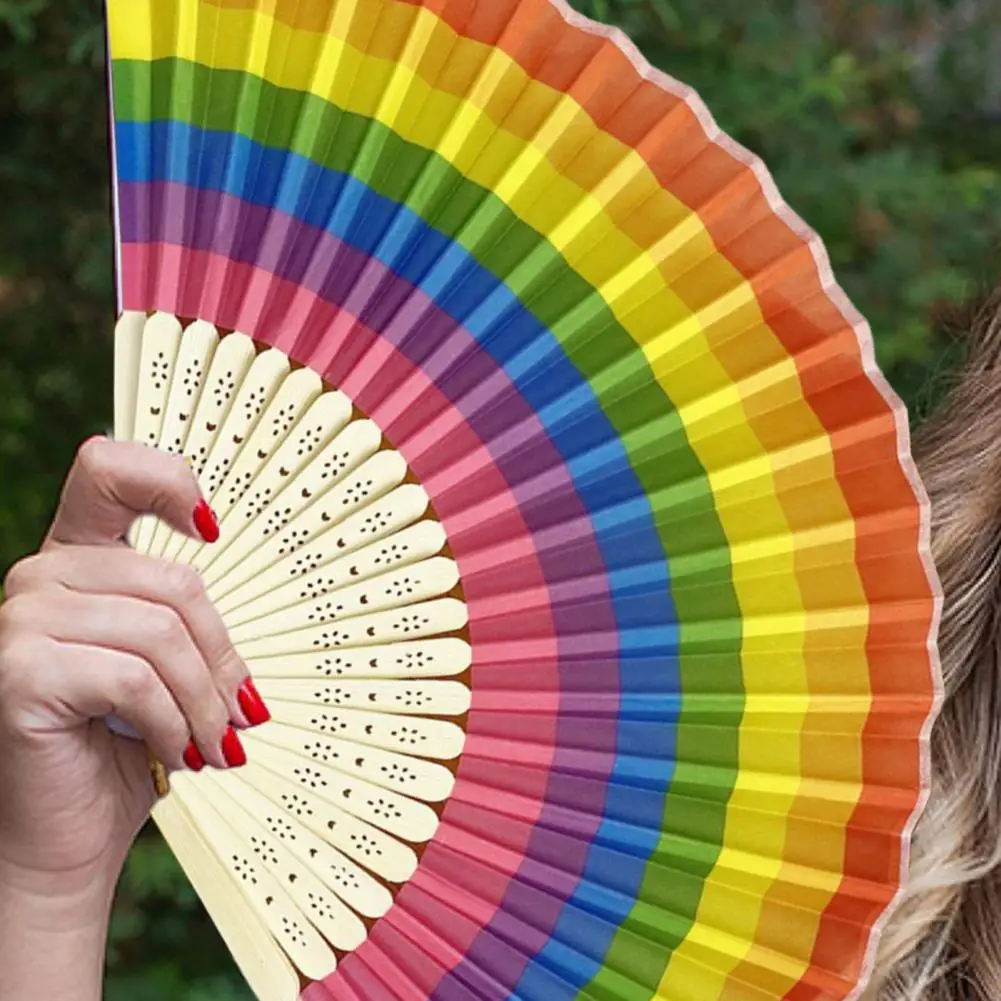 Bamboo Folding Fan Rainbow Folding Fan with Bamboo Ribs Portable Hand Held Summer Fan Decorative Dance Performance Prop Party