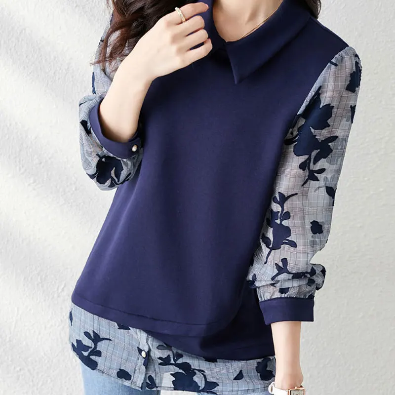 Women\'s Clothing Fake Two Pieces Shirt Casual Printed Spliced Spring Autumn Korean Loose All-match Stylish Asymmetrical Blouse