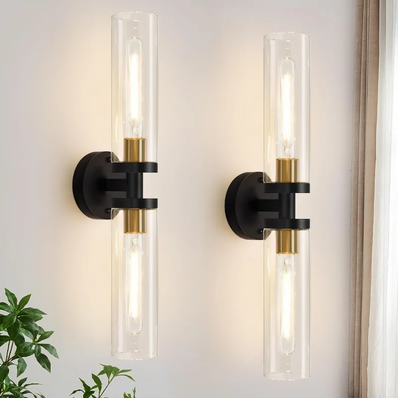 

Wall Sconces Set of Two, Black and Gold Bathroom Sconces Wall Lighting with Clear Glass, Modern Sconces Wall Decor