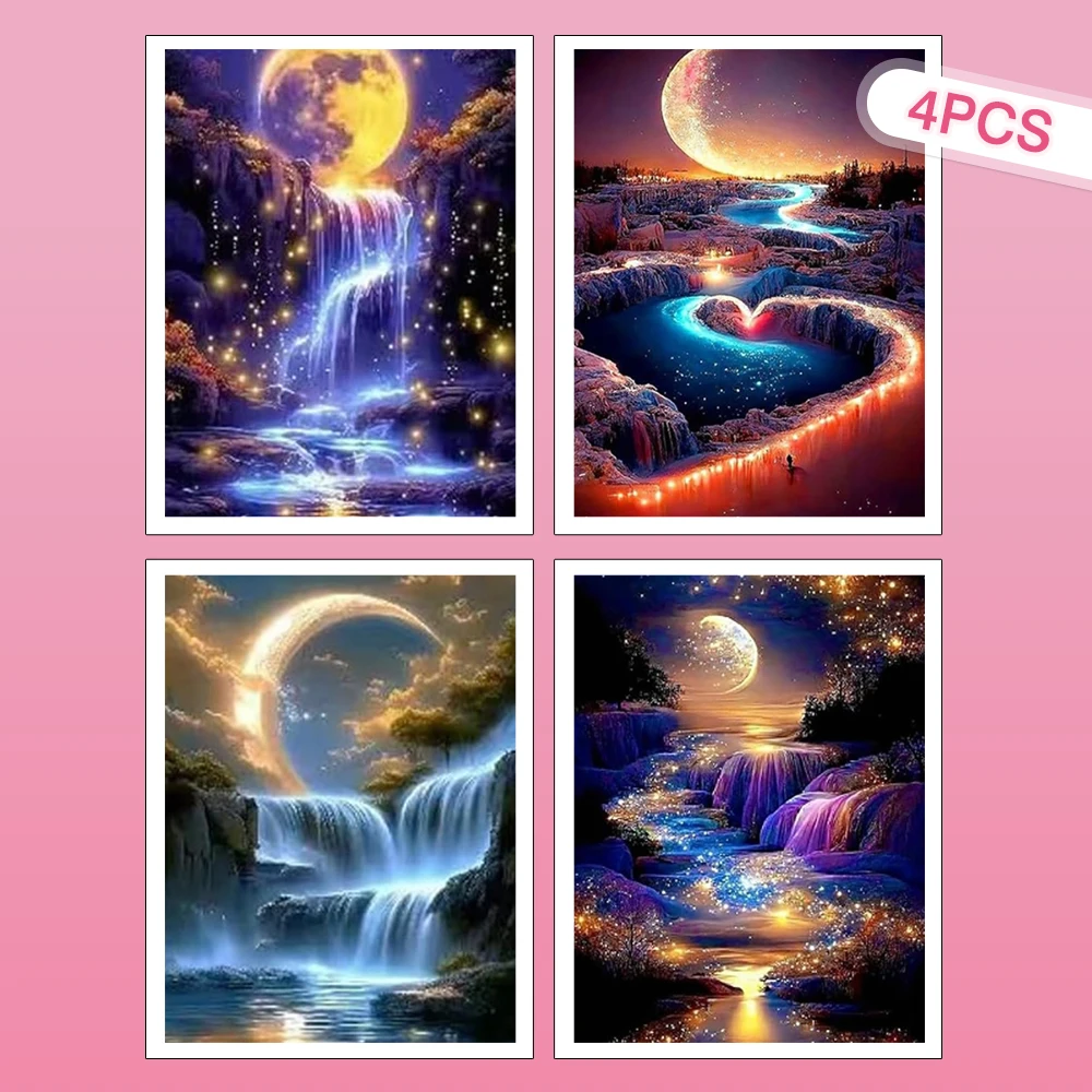 HUACAN 4-teiliges Diamant-Malset Wasserfall-Landschaft Handarbeit Diamant-Mosaik 5D Meereslandschaft Vollrund-Bohrer Wanddekoration