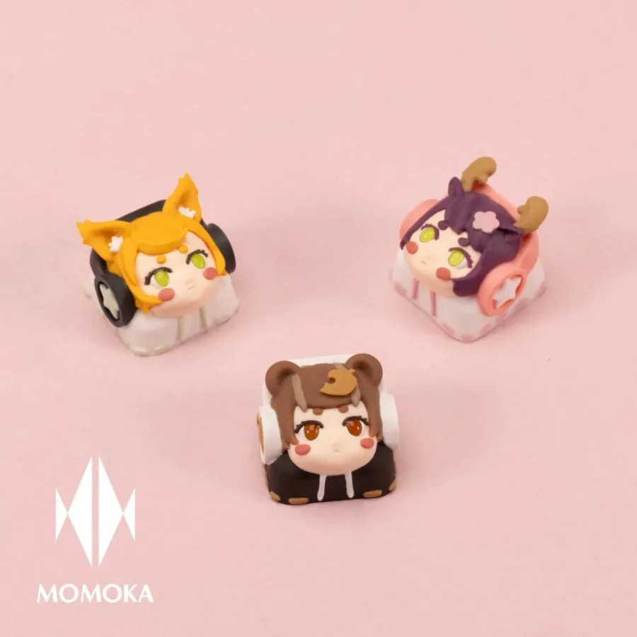 Momoka ตุ๊กตาร็อคเรซิ่น keycaps ที่ทำด้วยมือชุดแป้นพิมพ์เครื่องมืออุปกรณ์อะไหล่ทดแทนการ์ตูนน่ารัก DIY