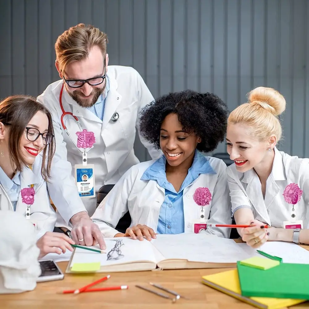 Pink Nurse Retractable Badge Reel Acrylic ID Card Clips Name Card Holder Work Card Clips 360 Rotating Alligator Clip