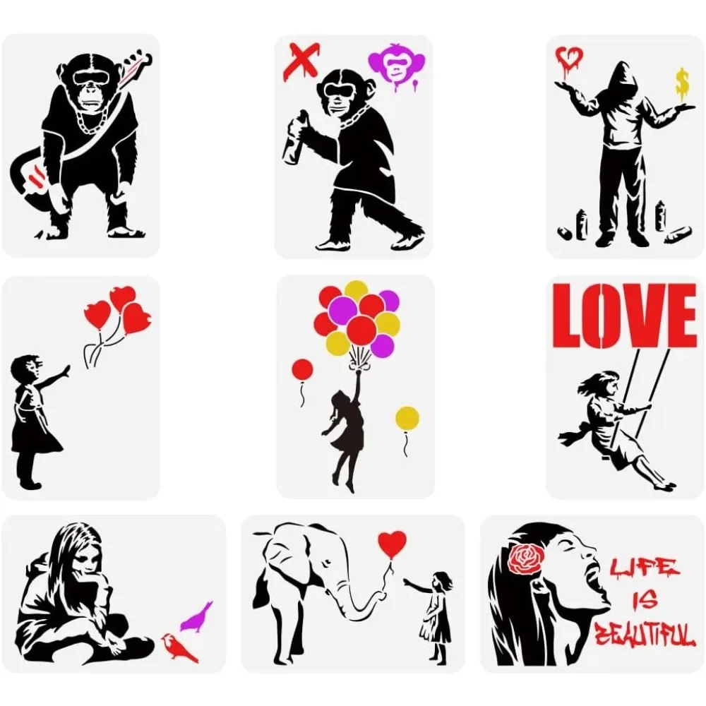 9 buah stensil lukisan Banksy 8.3x11.7 inci dapat digunakan kembali Banksy anak perempuan anak laki-laki pola Chimpanzee templat gambar hidup indah