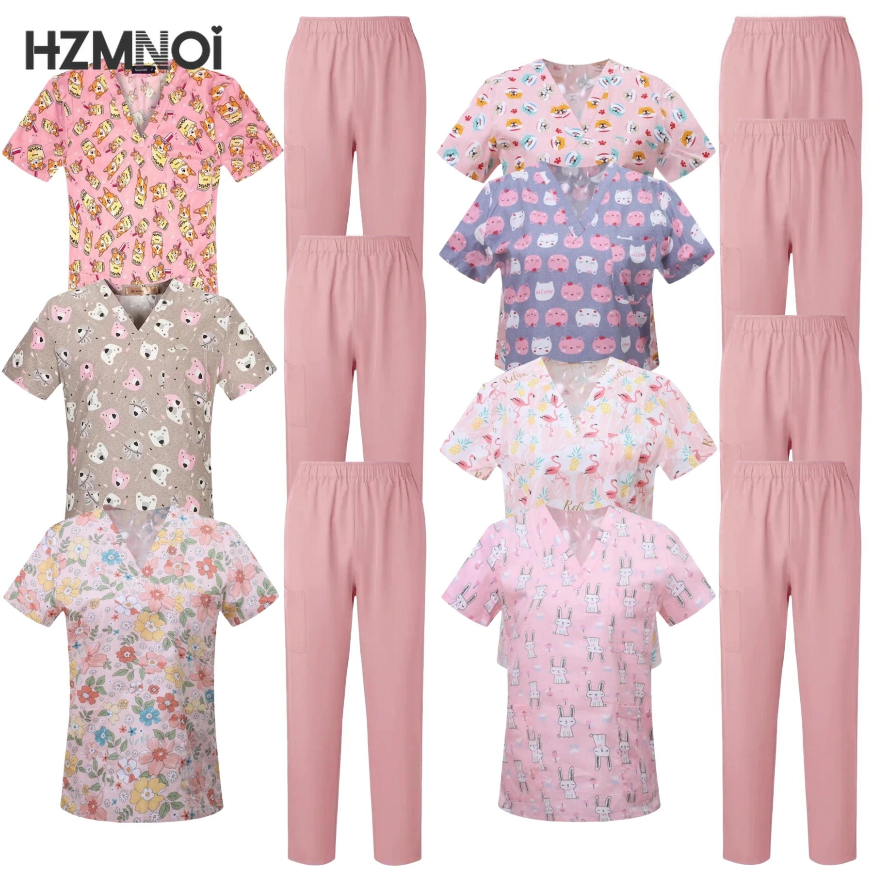 

Surgical Uniforms Woman Printing Blouse Pockets Pants Medical Scrub Set Beauty Salon Workwear Clinical Scrubs Top+Pants Spa Suit