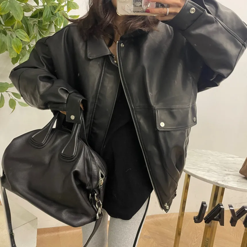 레트로 홍콩 슬레 여성 PU 가죽 재킷 겨울 따뜻한 또는 느슨한 양털 안감 코트 통근 Faion Long Sve