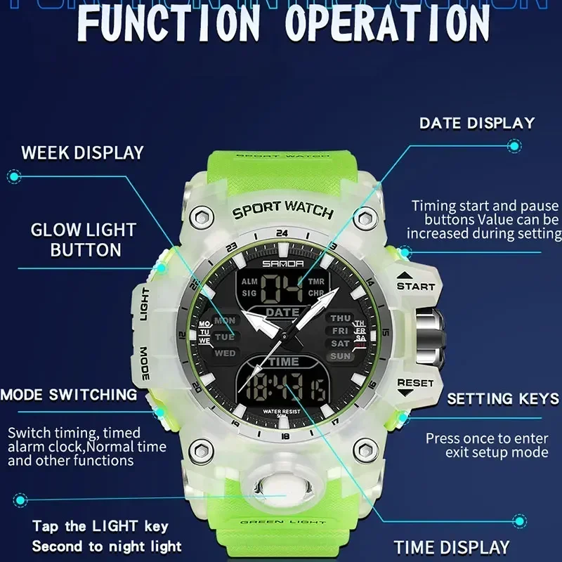 SANDA G Gaya Dual Display Jam Tangan Pria Tahan Air Jam Tangan Olahraga Pria Militer Alarm Stopwatch Kuarsa Jam Tangan Pria Jam Digital