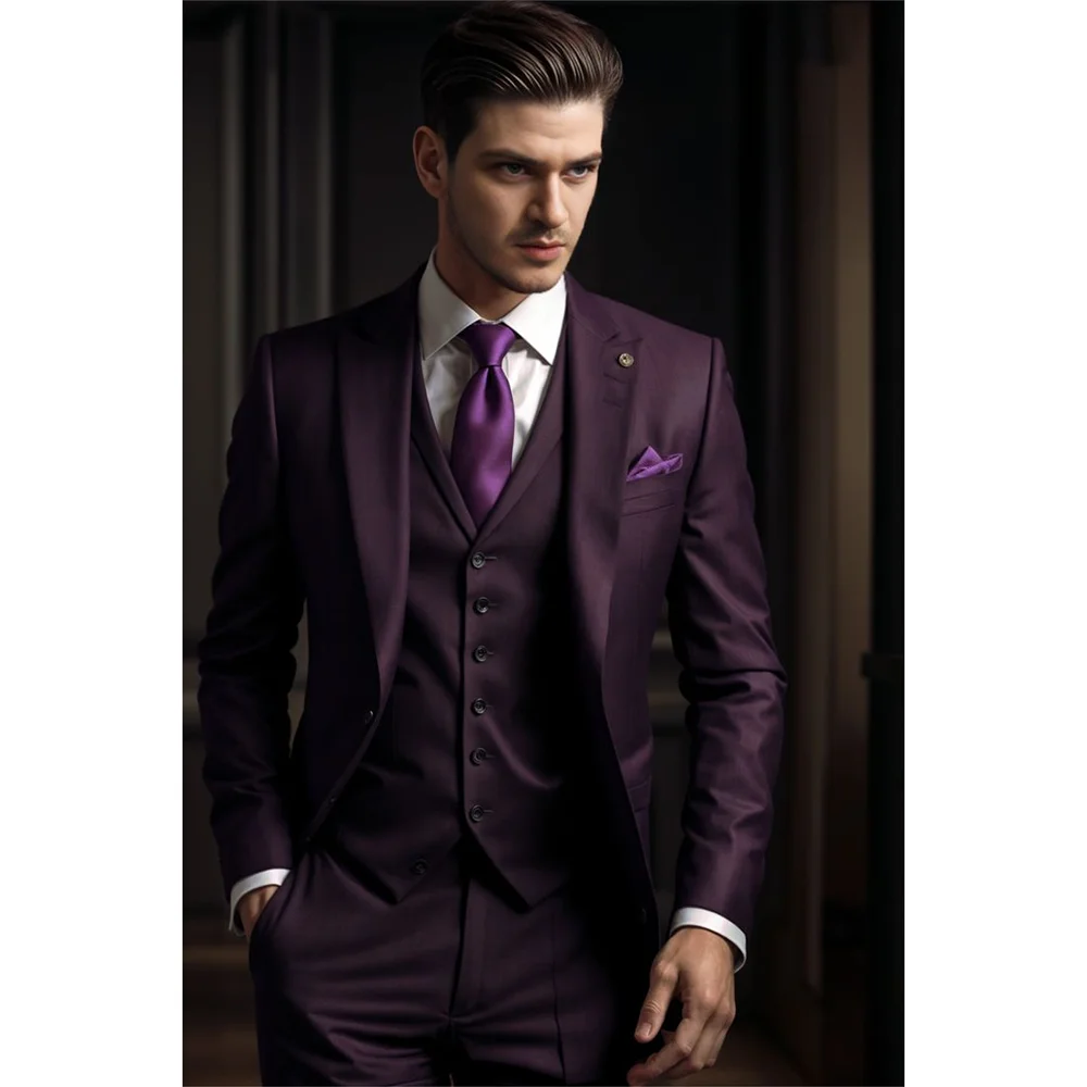 

Fashion Peak Lapel Men Suits 3 Piece England Style Business Office Casual Formal Suit Slim Wedding Tuxedo (Blazer+Vest+Pants)