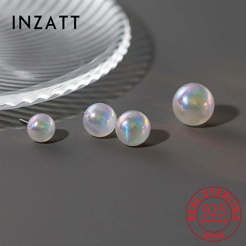 INZATT INS Real 925 Sterling Silver 8/10/12MM Round Pearl Stud Earrings For Women Classic Fine Jewelry Minimalist Accessories