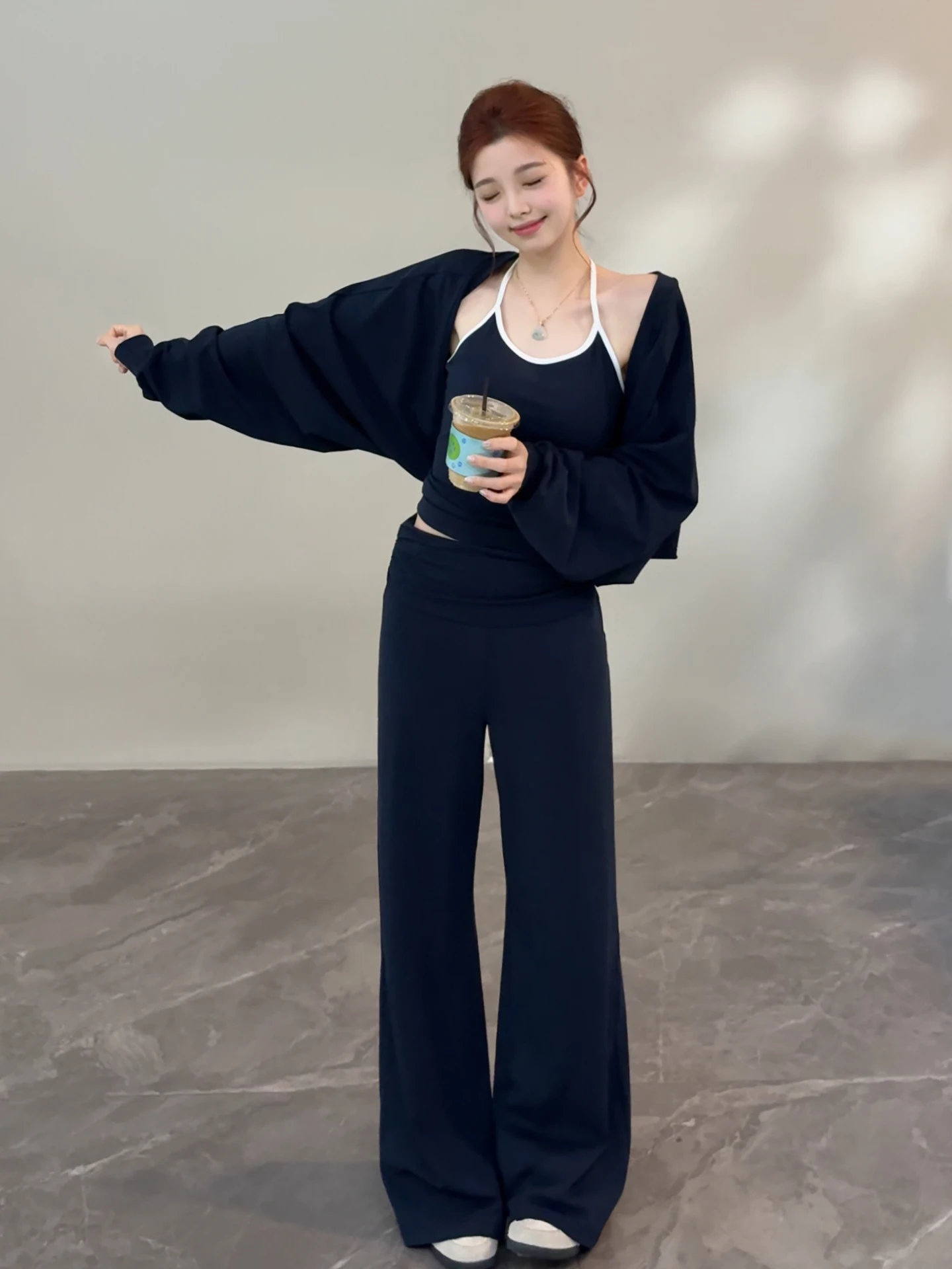 Song Autumn New Style Slimming Fashionable Simple Neckline Open Cardigan Pants Set Elegant Trendy Women's Three-Piece Suit DT...