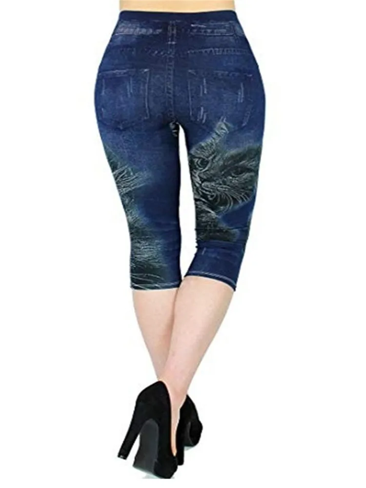 VISNXGI Faux Jeans Leggings Seamless Pants Sports Women Stretch Printed Short Calf-Length Summer High Elastic Waist Jeggings