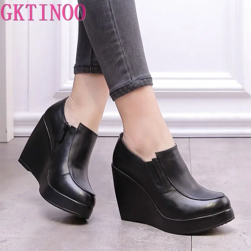 GKTINOO 2024 Wedges Women Shoe Spring Autumn Slip-On High Heels Round Toe Genuine Leather Casual Ladies Platform Shoes Woman