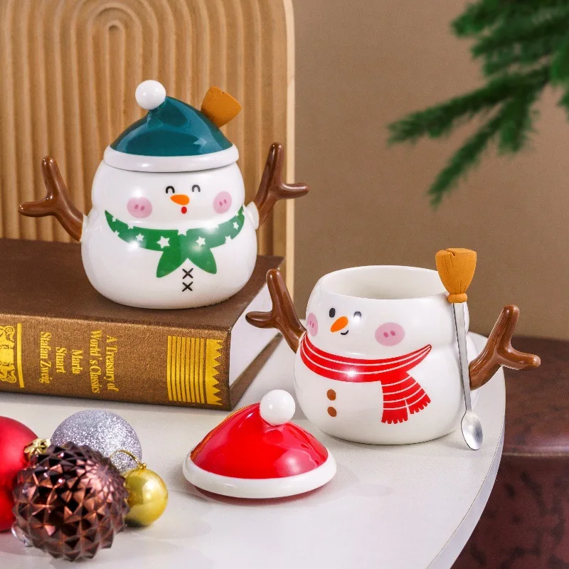 480ML Christmas Ceramic Cup Cartoon Snowman Mug Afternoon Camellia Flower Tea Cup Large Capacity Breakfast Mug Christmas Gifts