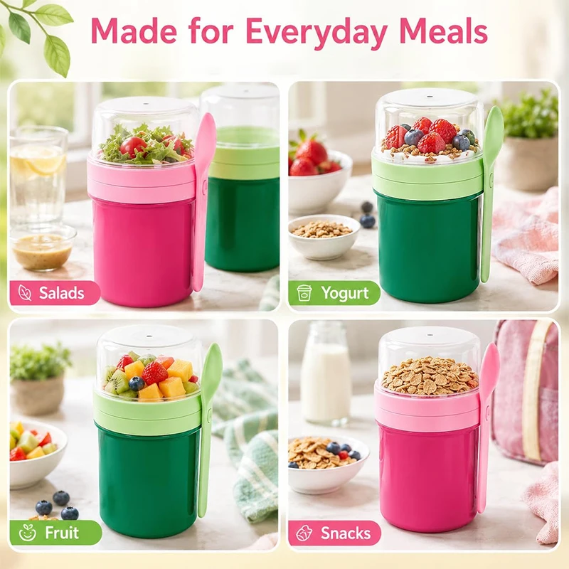 Portable Double Layer Overnight Oats Cup Leakproof Sealed Salad Breakfast Cup with Tableware Food Yogurt Container for Outdoor view 3