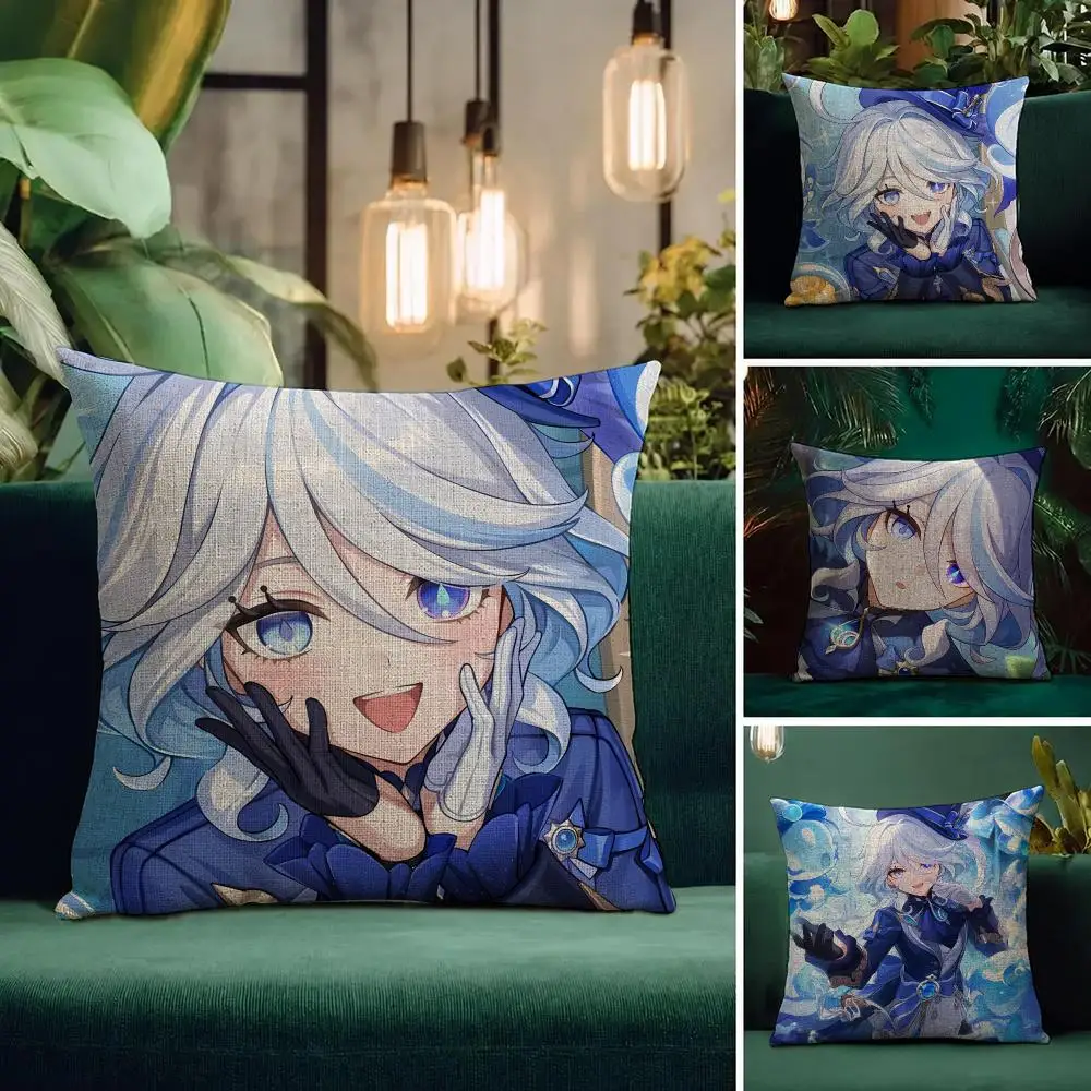Game Genshin Impact Furina Cushion Cover Natural Linen Pillowcase Set Cushion Cover for Sofa Bedroom Chair