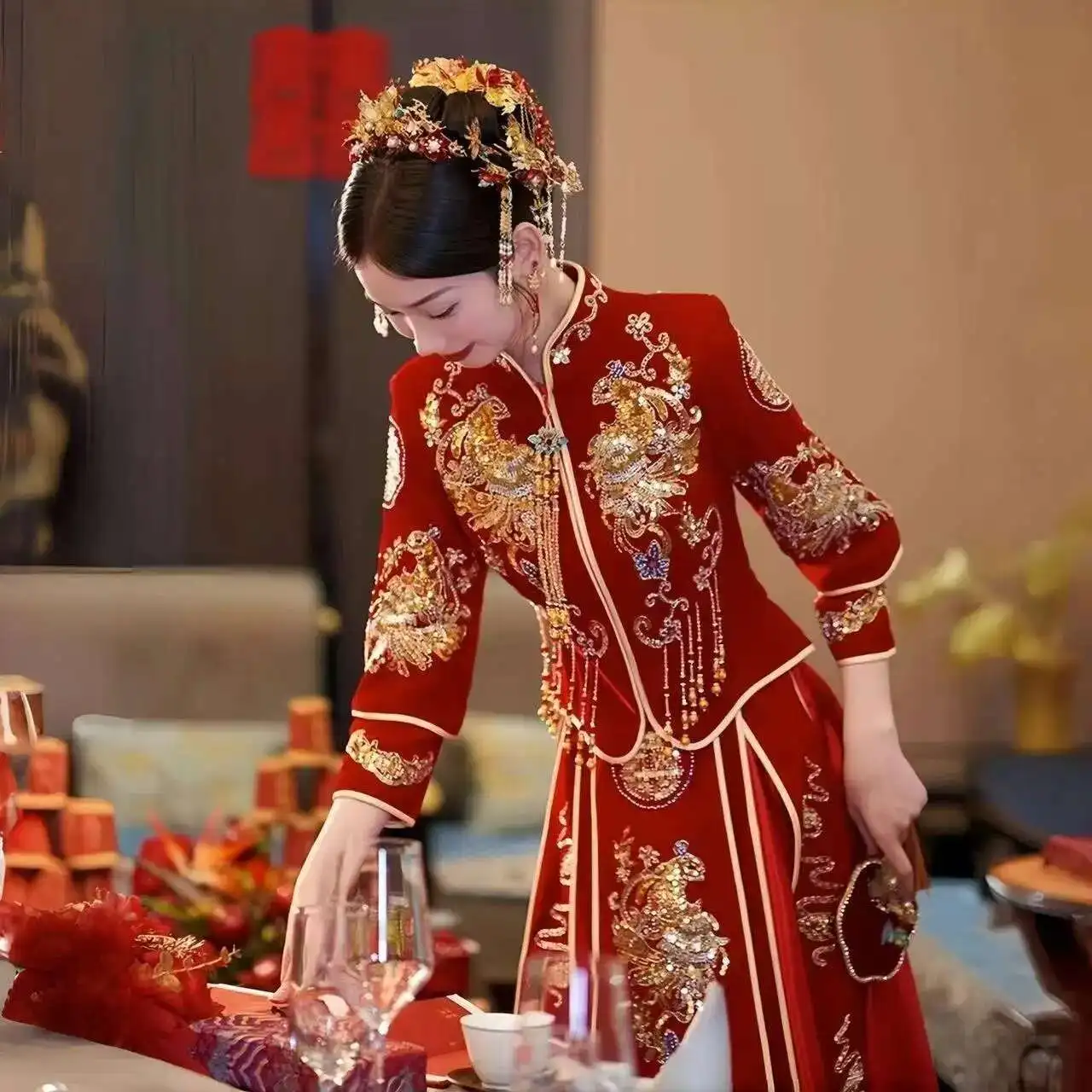 Cheongsam Hanfu Embroidery Dragon Phoenix Chinese Traditional Couple Wedding Suit Cheongsam Elegant Bride Vintage Qipao Dress