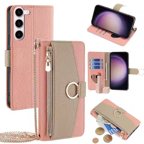 Leather Ring Holder Phone Case for Samsung S25 Ultra S24 FE S23 S22 Plus A16 A26 A56 Crossbody Wallet Flip Mirror Cover Lanyard