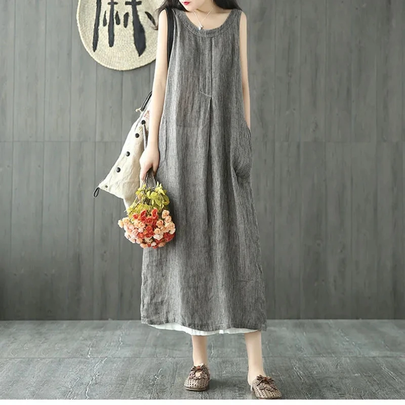 

2024 Summer Womens Cotton and Linen Tank Dress Female Gray Loose Long Dresses for Women Sleeveless Clothing