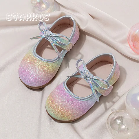 Bling Радужные блестящие балетки Детские балетки с круглым носком и галстуком-бабочкой на липучке Балетки на плоской подошве для девочек вечерние платья для сцены Лоферы