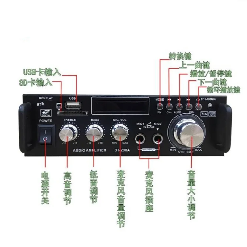 InsertUDisk/Card/FM DC12V/AC220VAC/DC Dual Channel300w*2Multifunctional Power Amplifier